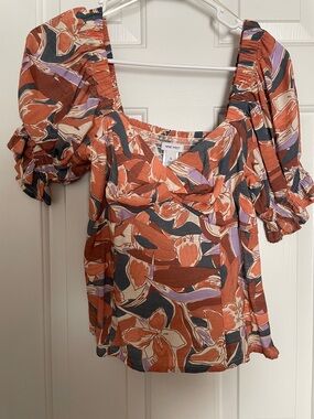 Nine West Rust Floral Square-Neck Blouse with Purple Accents